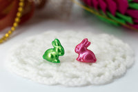 polinacreations Handmade Metallic Green & Pink Color Easter Bunny Stud Earrings. Bunny earrings. Easter earrings. Easter bunny earrings Easter jewelry rabbit earrings asymmetrical jewelry pink cute studs polymer clay jewelry metal earrings polina creations