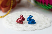 PolinaCreations Handmade Metallic Red & Blue Color Easter Bunny Stud Earrings. Bunny earrings Easter earrings Easter gift Holiday Jewelry Cute Earrings asymmetrical small earrings
