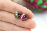 polinacreations handmade jewelry holiday jewelry Metallic Green & Red Color Easter Chocolate Egg Stud Earrings. Chocolate Egg earrings. Easter earrings. Easter egg earrings polka jewelry foiled chocolate egg earrings foiled Easter egg jewelry small cute earrings asymmetrical earrings green jewelry red jewelry metallic earrings polina creations polymer clay jewelry fake food jewelry miniature food mini food earrings chocolate jewelry 