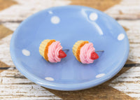 Polinacreations Handmade Pink Frosting Cupcake Stud Earrings Topped with Strawberry, Vanilla Cupcake Earrings, Cupcake Stud Earrings polymer clay jewelry fake food jewelry cute pink earrings strawberry stud earrings