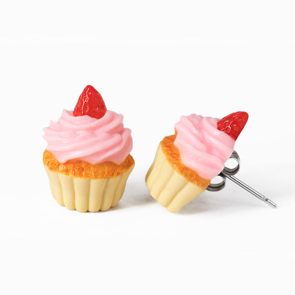 Polinacreations Handmade Pink Frosting Cupcake Stud Earrings Topped with Strawberry, Vanilla Cupcake Earrings, Cupcake Stud Earrings polymer clay jewelry fake food jewelry cute pink earrings strawberry stud earrings