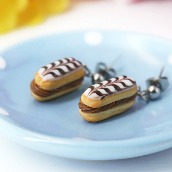 Handmade Eclair Stud Dangle Earrings With Chocolate Stripes