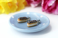 PolinaCreations Handmade jewelry Stuffed chocolate Eclair Stud Earrings with white stripes Eclair earrings polina creations raspberry earrings raspberry jewelry red jewelry red earrings fake food jewelry miniature food jewelry mini food earrings cute earrings cute jewelry dessert jewelry hypoallergenic earrings chocolate jewelry chocolate earrings gift for her gift for girl woman pastry earrings pastry charm pastry jewelry food charm chocolate eclair earrings chocolate glaze with white stripes