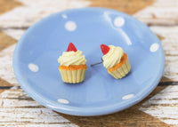 Polinacreations Handmade Vanilla Frosting Cupcake Stud Earrings Topped with Strawberry Vanilla Cupcake Earrings Cupcake Stud Earrings miniature food jewelry fake food jewelry polina creations strawberry earrings
