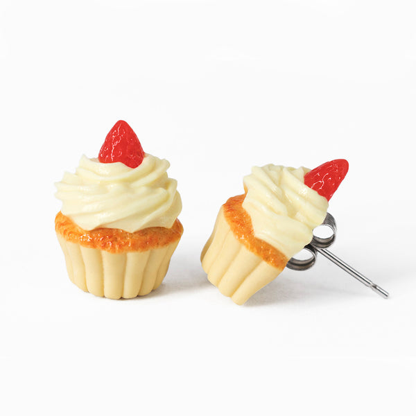 Polinacreations Handmade Vanilla Frosting Cupcake Stud Earrings Topped with Strawberry Vanilla Cupcake Earrings Cupcake Stud Earrings miniature food jewelry fake food jewelry polina creations strawberry earrings