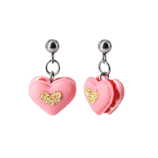 Handmade Heart Shaped French Macaron Stud Dangle Earrings, Valentine's Day Gift