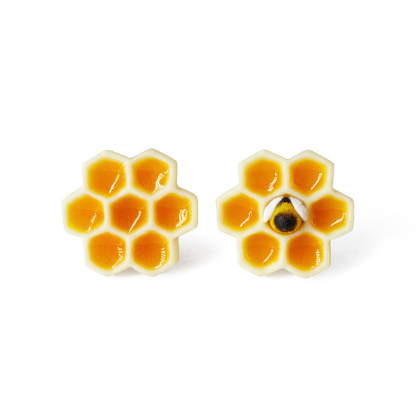 Polinacreations Honeycomb Stud Earrings, Yellow circle earrings cute earrings Honey Bee Earrings Bee Jewelry Bumble Bee Earrings Bee Keeper Gift  Save the Bees Geometric Earrings Honey Charm