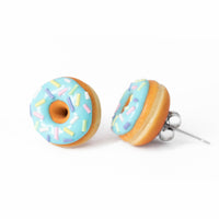 Handmade Jewelry Light Blue Glazed Doughnut Earrings With Sprinkles, Donut Earrings PolinaCreations Fake Food Jewelry Polymer clay Food Earrings mini food jewelry miniature food cute studs small earrings circle earrings sprinkle jewelry rainbow jewelry hypoallergenic jewelry polina creations jewellery gift for her gift for woman girls baskin robbins dunkin donut 