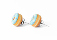 Handmade Jewelry Light Blue Glazed Doughnut Earrings With Sprinkles, Donut Earrings PolinaCreations Fake Food Jewelry Polymer clay Food Earrings mini food jewelry miniature food cute studs small earrings circle earrings sprinkle jewelry rainbow jewelry hypoallergenic jewelry polina creations jewellery gift for her gift for woman girls baskin robbins dunkin donut blue earrings