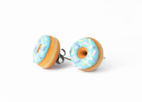 Handmade Jewelry Light Blue Glazed Doughnut Earrings With Sprinkles, Donut Earrings PolinaCreations Fake Food Jewelry Polymer clay Food Earrings mini food jewelry miniature food cute studs small earrings circle earrings sprinkle jewelry rainbow jewelry hypoallergenic jewelry polina creations jewellery gift for her gift for woman girls baskin robbins dunkin donut blue earrings
