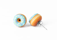 Handmade Jewelry Light Blue Glazed Doughnut Earrings With Sprinkles, Donut Earrings PolinaCreations Fake Food Jewelry Polymer clay Food Earrings mini food jewelry miniature food cute studs small earrings circle earrings sprinkle jewelry rainbow jewelry hypoallergenic jewelry polina creations jewellery gift for her gift for woman girls baskin robbins dunkin donut blue earrings