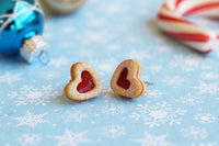 PolinaCreations Handmade Christmas Jam Linzer Heart Cookie Earrings, Jam Filled Cookie Earrings, Miniature Food Fake Food Jewelry Red Heart Earrings Cute earrings miniature food jewelry Xmas gift for her polymer clay jewelry