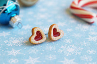 PolinaCreations Handmade Christmas Jam Linzer Heart Cookie Earrings, Jam Filled Cookie Earrings, Miniature Food Fake Food Jewelry Red Heart Earrings Cute earrings miniature food jewelry Xmas gift for her polymer clay jewelry