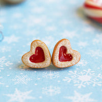 PolinaCreations Handmade Christmas Jam Linzer Heart Cookie Earrings, Jam Filled Cookie Earrings, Miniature Food Fake Food Jewelry Red Heart Earrings Cute earrings miniature food jewelry Xmas gift for her