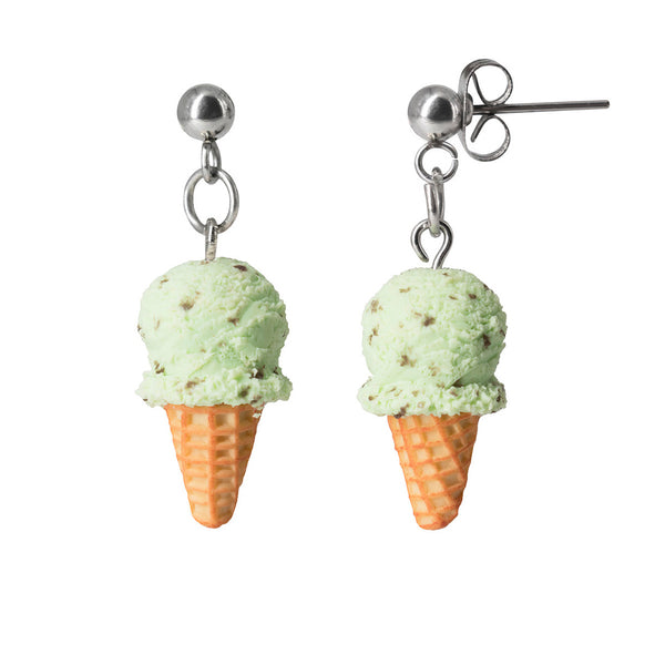 polinacreations Handmade Mint Chocolate Chip Ice Cream Stud Dangle Earrings, Ice Cream Earrings Ice cream Jewelry Cute earrings Waffle Cone green jewelry polymer clay fake food jewelry