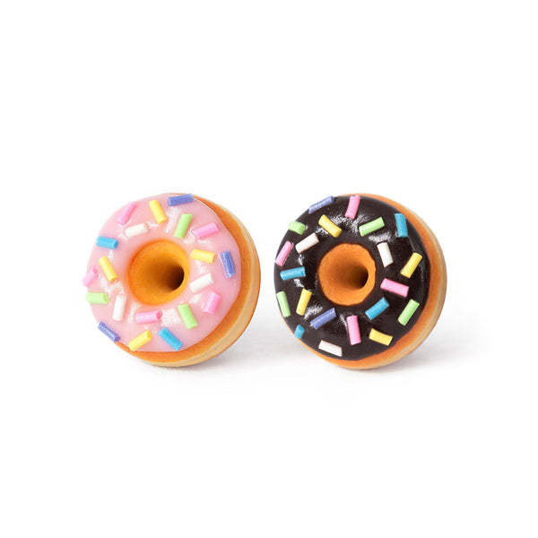 PolinaCreations Handmade Jewelry Pink and Chocolate Doughnut Stud Earrings, Brown Donut Earrings Pink Donut Earrings Chocolate Earrings Fake Food Jewelry Polymer clay jewelry Asymmetrical earrings pink earrings chocolate earrings polina creations small cute earrings 