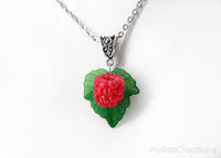 Polinacreations Handmade jewelry Raspberry Necklace, jewelry trends Polina Creations Fruit Necklace Fruit jewelry Berry Pendant Polymer clay Fake Food jewelry Summer jewelry Strawberry jewelry Red Necklace green jewelry