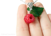 Polinacreations Handmade jewelry Raspberry Necklace, Polina Creations Fruit Necklace Fruit jewelry Berry Pendant Polymer clay Fake Food jewelry Summer jewelry Strawberry jewelry Red Necklace green jewelry gift for her 