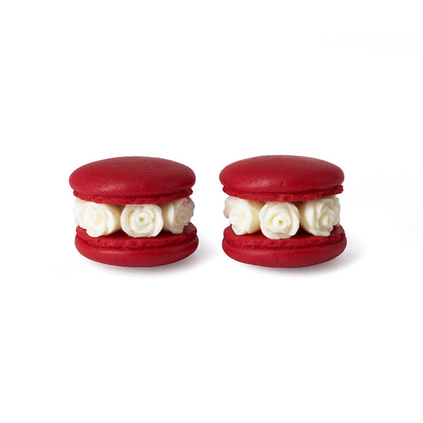Handmade Red & White Floral Macaron Stud Earrings