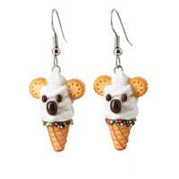 PolinaCreations White Koala Ice Cream Waffle Cone Earrings, Koala Earrings Wildlife Australian animal Jewelry Polymer Clay Fake Food Earrings Pet Lover Gift Vanilla ice cream jewellery Polina creations