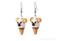 Handmade White Koala Ice Cream Waffle Cone Earrings