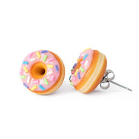 Polinacreations Pink Glazed Doughnut Stud Earrings Topped With Sprinkles, Donut Earrings Pink Donut Stud Earrings Cute Earrings Donut Jewelry Fake Food Jewelry Polymer clay earrings