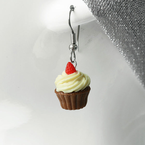 polinacreations Handmade jewelry vanilla Frosting chocolate Cupcake Earrings Topped With Strawberry, Polymer Clay Fake Food Jewelry Red Strawberry Fruit Earrings polymer clay jewelry polina creations cute earrings miniature food jewelry mini food earrings gift for her gift foe woman girl brown jewelry dessert jewelry brown earrings strawberry cupcake yellow jewelry yellow earrings