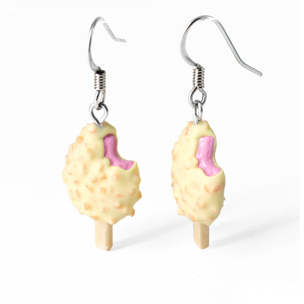 Handmade White Chocolate and Nut Covered Pink Ice Cream Bar Earrings