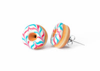 PolinaCreations Handmade Jewelry White Donut Stud Earrings With Pink & Blue Stripes Donut Stud Earrings Doughnut Earrings Fake Food Jewelry Miniature food jewelry polymer clay earrings circle earrings hypoallergenic jewelry Polina creations mini food earrings cute earrings 