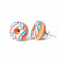 PolinaCreations Handmade Jewelry White Donut Stud Earrings With Pink & Blue Stripes Donut Stud Earrings Doughnut Earrings Fake Food Jewelry Miniature food jewelry polymer clay earrings circle earrings hypoallergenic jewelry Polina creations mini food earrings cute earrings 