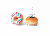 PolinaCreations Handmade Jewelry White Donut Stud Earrings With Pink & Blue Stripes Donut Stud Earrings Doughnut Earrings Fake Food Jewelry Miniature food jewelry polymer clay earrings circle earrings hypoallergenic jewelry Polina creations mini food earrings cute earrings 