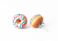 PolinaCreations Handmade Jewelry White Donut Stud Earrings With Pink & Blue Stripes Donut Stud Earrings Doughnut Earrings Fake Food Jewelry Miniature food jewelry polymer clay earrings circle earrings hypoallergenic jewelry Polina creations mini food earrings cute earrings 