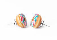 PolinaCreations Handmade Jewelry White Donut Stud Earrings With Pink & Blue Stripes Donut Stud Earrings Doughnut Earrings Fake Food Jewelry Miniature food jewelry polymer clay earrings circle earrings hypoallergenic jewelry Polina creations mini food earrings cute earrings 