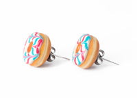 PolinaCreations Handmade Jewelry White Donut Stud Earrings With Pink & Blue Stripes Donut Stud Earrings Doughnut Earrings Fake Food Jewelry Miniature food jewelry polymer clay earrings circle earrings hypoallergenic jewelry Polina creations mini food earrings cute earrings 