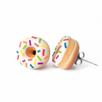 Handmade Jewelry white Glazed Doughnut Earrings With Sprinkles, Donut Earrings PolinaCreations Fake Food Jewelry Polymer clay Food Earrings mini food jewelry miniature food cute studs small earrings circle earrings sprinkle jewelry rainbow jewelry hypoallergenic jewelry polina creations jewellery gift for her gift for woman girls baskin robbins dunkin donut 