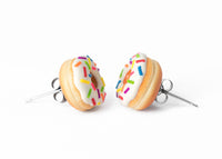 Handmade Jewelry white Glazed Doughnut Earrings With Sprinkles, Donut Earrings PolinaCreations Fake Food Jewelry Polymer clay Food Earrings mini food jewelry miniature food cute studs small earrings circle earrings sprinkle jewelry rainbow jewelry hypoallergenic jewelry polina creations jewellery gift for her gift for woman girls baskin robbins dunkin donut 